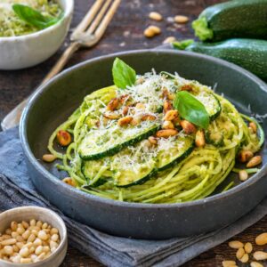 Zucchini Noodles with Pesto and Pine Nuts